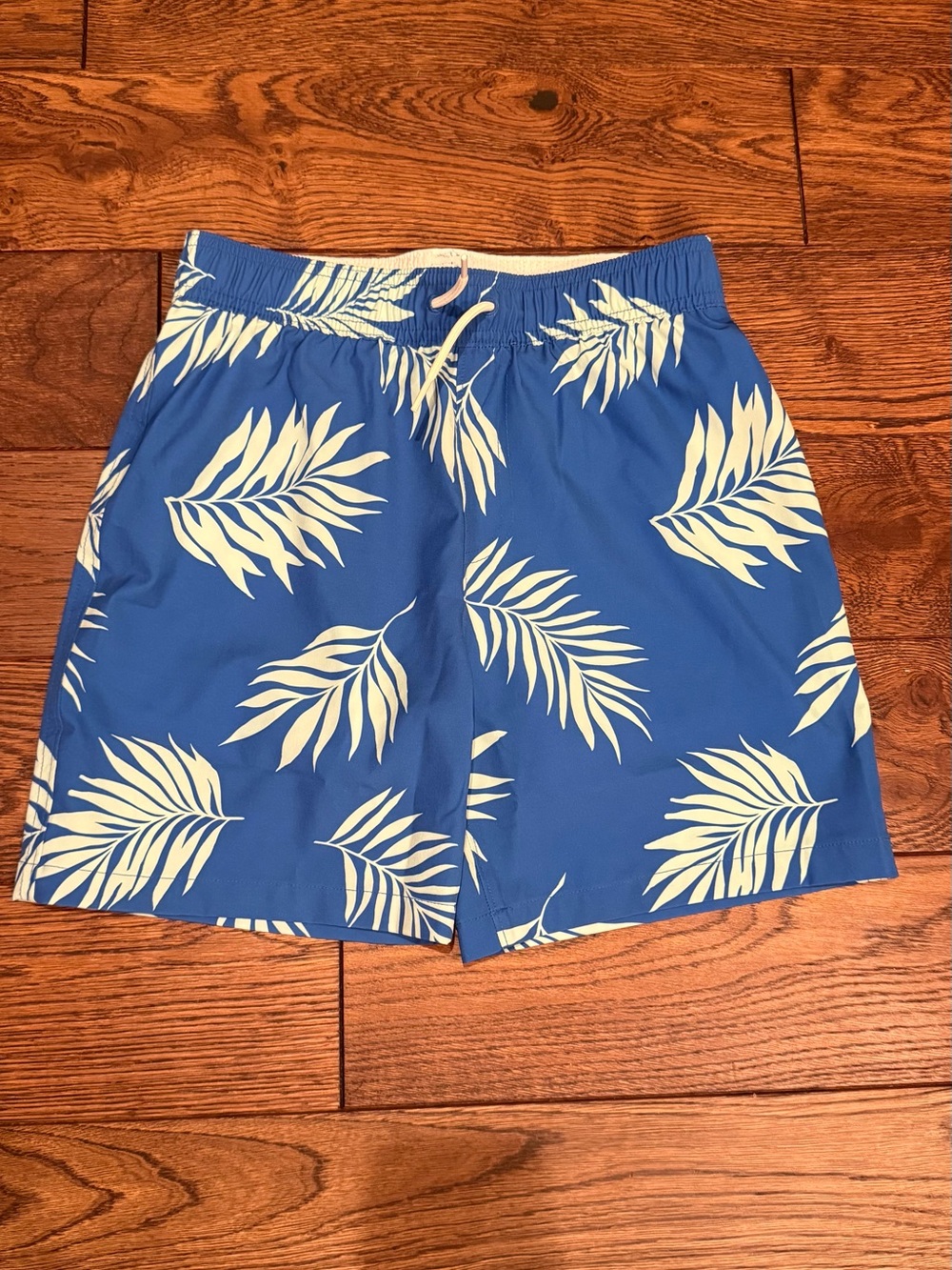 abercrombie kids Blue Swim Trunks with White Tropical Leaf Print